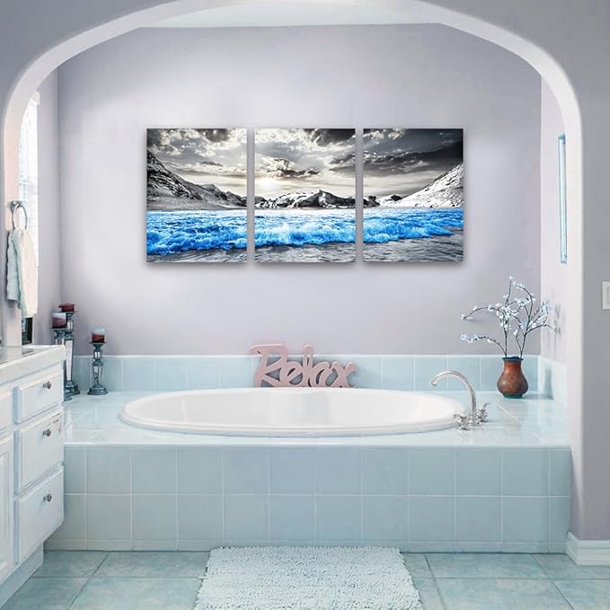 TTHYUEWS Canvas Wall Art For Living Room Modern Home Wall Decoration For Bedroom Office Wall Decor Black And White Beach Wall Paintings Blue Sea Wave Pictures Stretched and Framed Artwork 3 Piece