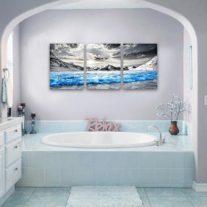 TTHYUEWS Canvas Wall Art For Living Room Modern Home Wall Decoration For Bedroom Office Wall Decor Black And White Beach Wall Paintings Blue Sea Wave Pictures Stretched and Framed Artwork 3 Piece