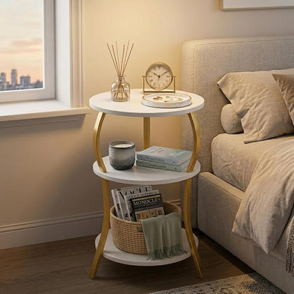 Vintage Small Round Side Table, 3-Tier Slim Waist Circular End Table with Storage Shelf, Compact Tea Sofa Table, Round Corner Coffee Table Nightstand for Living Room Bedroom Small Spaces,White+ Gold