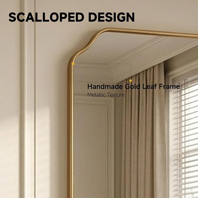 Gold Wall Mirror 32"x24", Scalloped Edge Vanity Mirror - Hangs Vertically/Horizontally Decorative Bathroom Mirror for Vanity, Bedroom & Entryway, Aesthetic Bathroom Decor