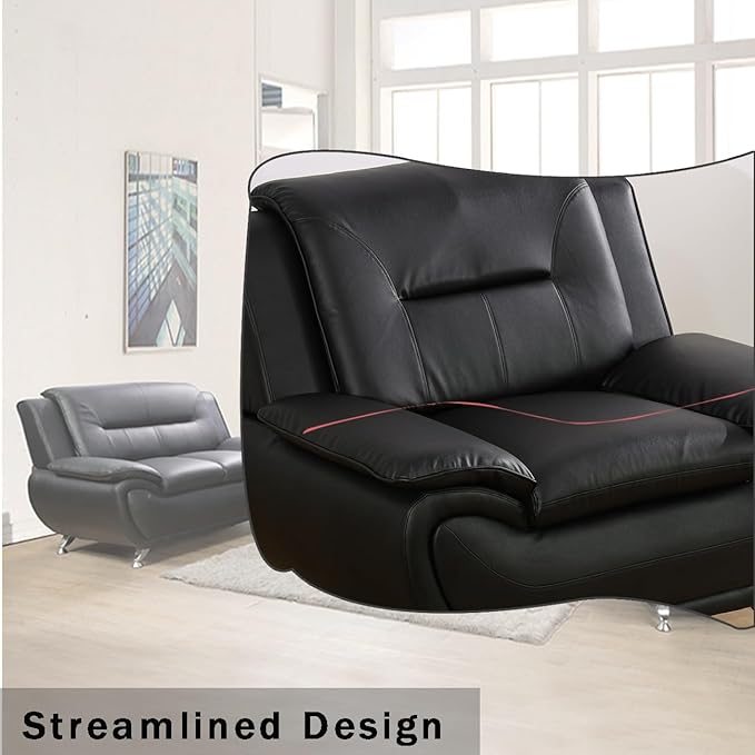 Leather Sofa Set (3-Piece, B-Leather Black) - Living Room Furniture for Apartment, Minimalist Style Material, Easy Assembly