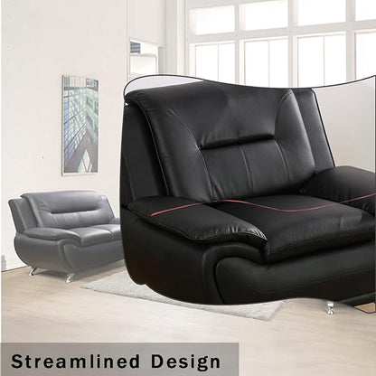 Leather Sofa Set (3-Piece, B-Leather Black) - Living Room Furniture for Apartment, Minimalist Style Material, Easy Assembly