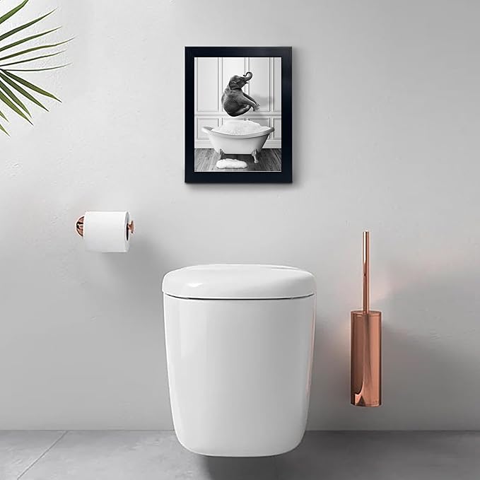 calmart Funny Elephant Wall Art - Washing Elephant In Bathtub Pictures for Wall Animal Paintings Please Seat Yourself Sign Framed Artwork Rustic Canvas Print Decor