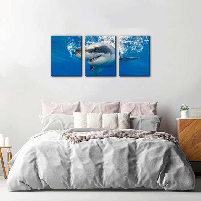 Pacimo 3 Piece Blue Wall Art Painting Great White Shark Catching Fish At Guadalupe Island Pictures Prints on Canvas Animal The Picture Decor for Home Modern Decoration for Living Room - 12" x 16" x 3