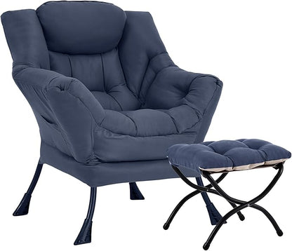 Lazy Chair with Ottoman, Large Navy Accent Chair with Ottoman, Comfy Reading Armchair, Leisure Sofa Chair for Living Room, Bedroom, Dorm Room, Office