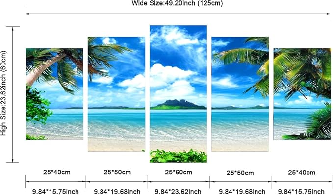 Pyradecor Modern 5 Panels Blue Sea Beach Pictures Paintings on Canvas Wall Art Stretched Contemporary Landscape Ocean Canvas Prints Artwork for Bedroom Home Decorations