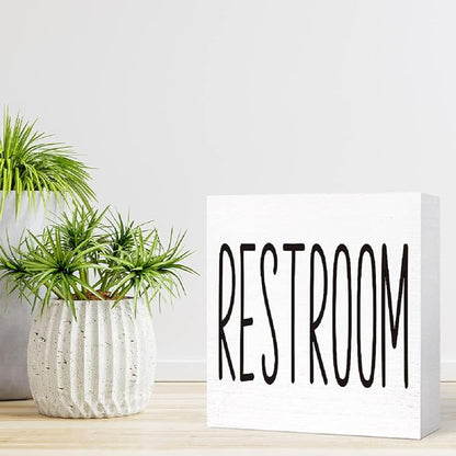 SJNH Funny Bathroom Wood Sign, Rustic Farmhouse Style, 5"x5", White, Tabletop Display, Humor Theme
