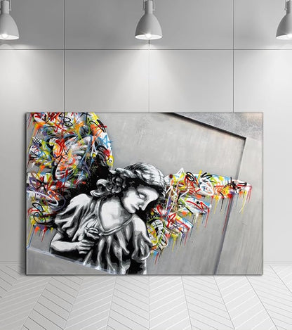 Yatsen Bridge Colorful Graffiti Wings Canvas Wall Art Banksy Art Print Street Artwork Angel Wall Decor for Living Room Bedroom Home Decoration Framed Ready to Hang 28x44inch