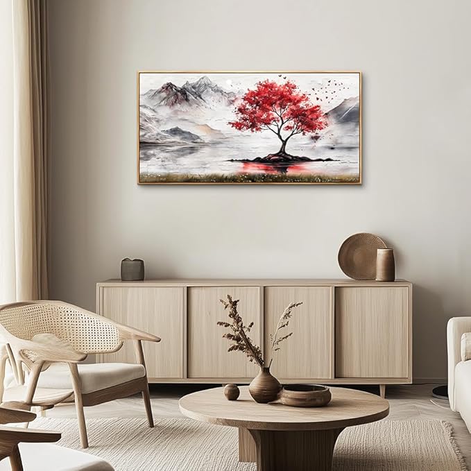 QIYILEXWART Wood Framed Canvas Wall Art For Living Room Wall Decor For Bedroom Office Wall Decorations Red Tree Painting Farmhouse Pictures Artwork Room Aesthetic Home Decor