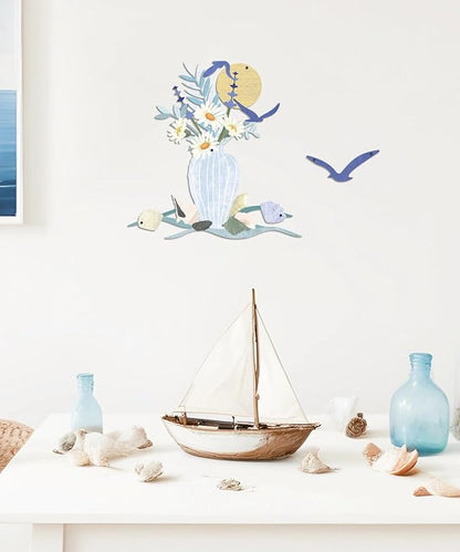 Putuo Decor Floral Vase Metal Wall Decor, Blue Vase and Wildflower Design, Modern Farmhouse Rustic Wall Hanging for Living Room Bedroom Entryway