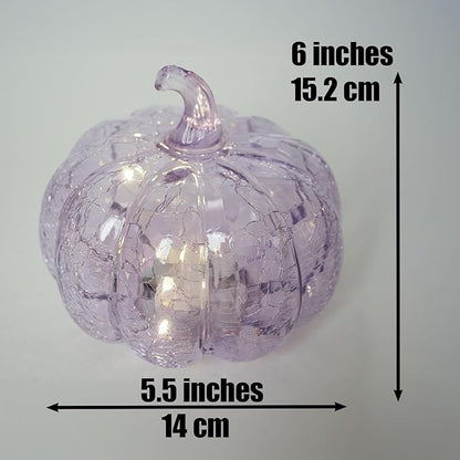 Handcrafted Lavender Crackle Glass Pumpkin Light, LED Battery Operated Table Décor with 6H Timer, Twinkle & Steady Modes, Elegant Fall & Holiday Decoration