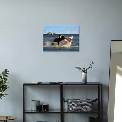 Shark Black Cat Canvas Wall Art,Framed Cat Wall Art, Quirky Pirate Cat Paintings, Whimsical Animal Paintings Wall Decor, Art Prints for Bathroom Living Room Bedroom Washroom,Ready To Hang 12x16 Inches.