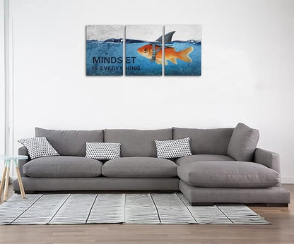 3 Panels Modern Framed Inspirational Canvas Wall Art Goldfish Body Strong Shark Heart Mindset is Everything Motivational Wooden Decor Posters for Office Gym Classroom Home Decoration(60''W x 28''H)
