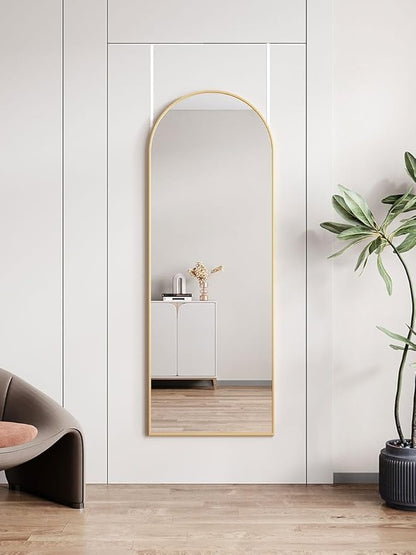 DMWOODFL Arched Over The Door Mirror 50x16 Full Length Hanging Mirror with Adjustable Height, Space-Saving, Shatterproof Tempered Glass & Aluminum Alloy Frame for Bedroom, Dorm, Entryway, Gold