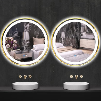30 Inch Gold Round Vanity Mirror with Lights Gold Frame Circle Lighted Mirror for Bathroom Salon Wall 30" Golden Circle Round LED Light up Mirrors Smart Touch Memory 3 Color Dimmable AntiFog