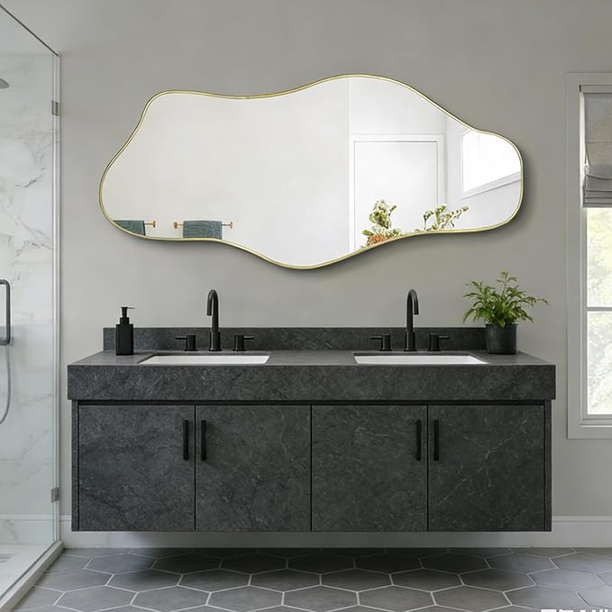 Irregular Wall Mirror, 63"x30" Large Asymmetrical Aesthetic Mirror, Gold Modern Organic Shape Frameless Mirrors for Living Room Bedroom Hallway Entryway, Horizontal or Vertical Hanging