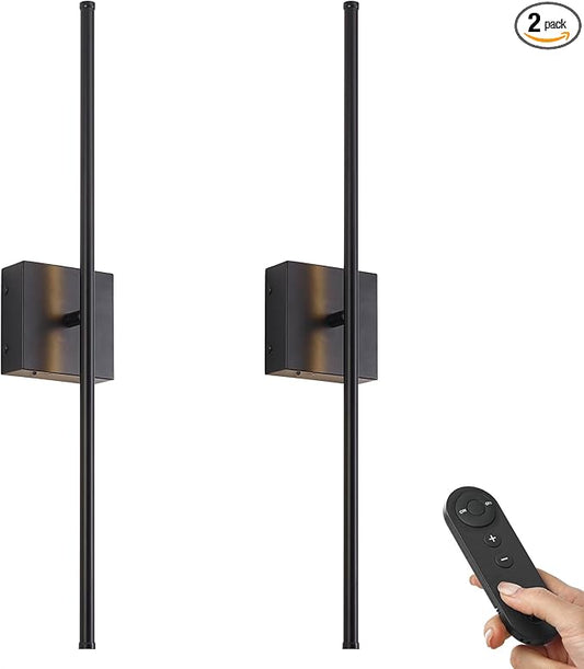 KARTOOSH 28.3 Inch Battery Operated Wall Sconces 3000K Warm White LED Wall Lights Remote Control Dimmable Set of Two 350°Rotate Wireless Lamps Home Decor for Living Room Hallway Bedroom, Black 2 Pack