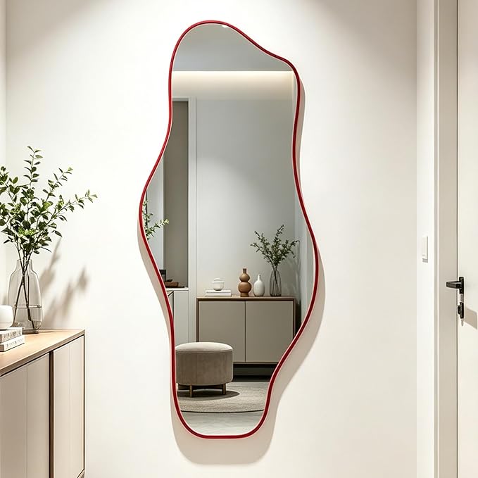 Irregular Wall Mirror, 60"x24" Red Asymmetrical Tempered Glass Mirror, Large Modern Organic Frameless Mirrors for Living Room Bedroom Hallway Entryway, Horizontal or Vertical Hanging