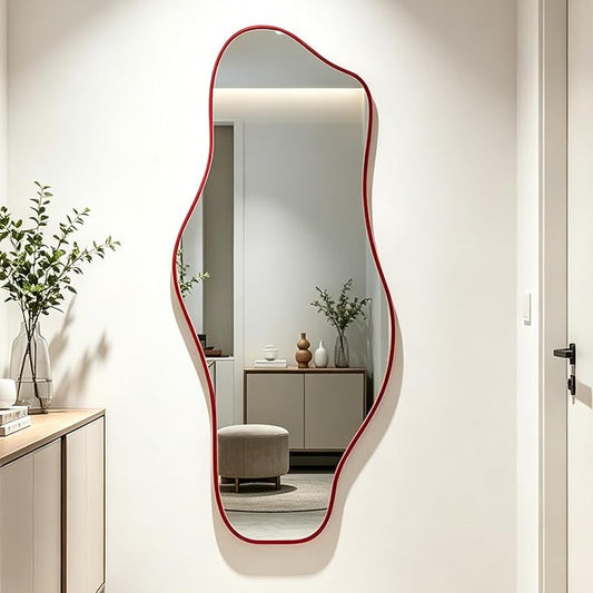 Irregular Wall Mirror, 60"x24" Red Asymmetrical Tempered Glass Mirror, Large Modern Organic Frameless Mirrors for Living Room Bedroom Hallway Entryway, Horizontal or Vertical Hanging