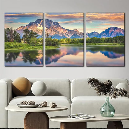 Pacimo Nature Canvas Wall Art Sunset Sunrise Mountain Pictures Grand Teton National Park Canvas Print River Forest Landscape Artwork for Living Room Bedroom Home Office Wall Decoration - 20"x28"x3