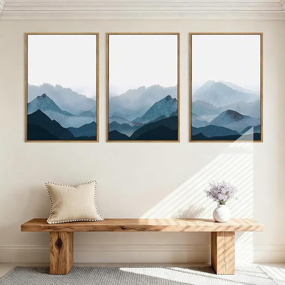 BINCUE Large Blue Mountain Wall Art Fog Blue Ridge Mountains Artwork Framed Minimalist Mountains Wall Decor Simple Mountain Art Print Landscape Artwork for Living Room Bedroom Office Farmhouse 24x36 Inch Set of 3 Gift