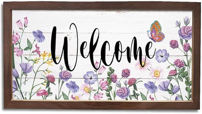 Flower Welcome Decoration, Welcome Signs for Front Door Porch Entryway Decor, Rustic Spring Home Decors, Wall Decor Art, Garden Yard Decors, Wooden Framed Wall Plaque 15×7.5×0.3 inches
