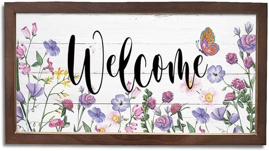 Flower Welcome Decoration, Welcome Signs for Front Door Porch Entryway Decor, Rustic Spring Home Decors, Wall Decor Art, Garden Yard Decors, Wooden Framed Wall Plaque 15×7.5×0.3 inches