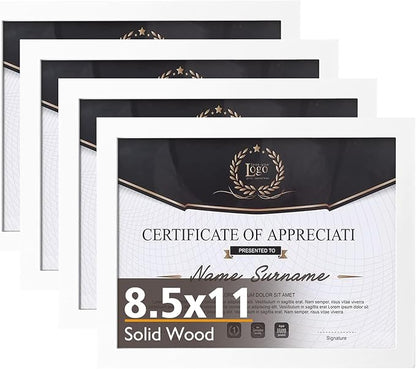 KINLINK 8.5x11 Picture Frames White, Solid Wood Diploma Frames with Acrylic Plexiglass for Pictures, Certificate Degree Document Frame Tabletop and Wall Display, Set of 4