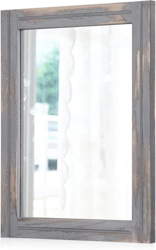 AAZZKANG Wood Framed Mirror Rectangular Rustic Wall Mirrors Decorative Small for Farmhouse Bathroom Living Room Bedroom Grey
