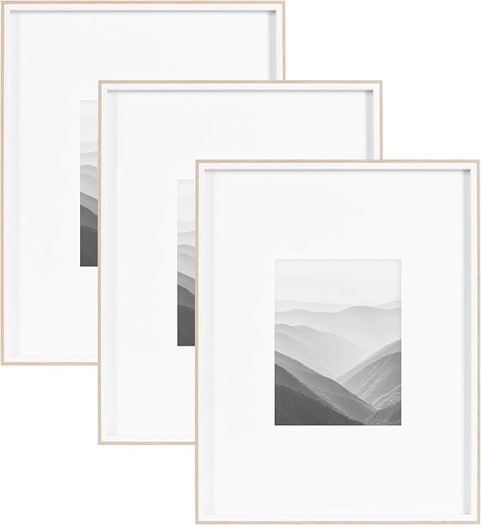Kate and Laurel Gibson Modern Wall Picture Frame Set of 3; 16x20 matted to 8x10; White and Natural; Modern Three-Piece Frame Set for Gallery Wall Frame Set in Living Room Wall Decor