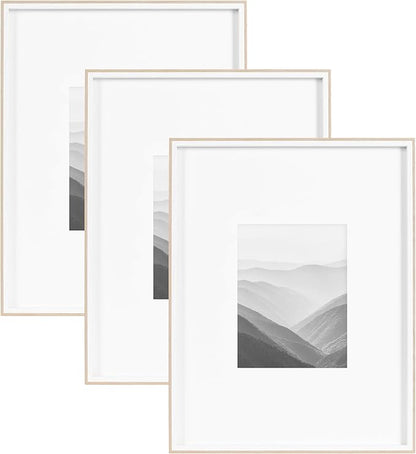Kate and Laurel Gibson Modern Wall Picture Frame Set of 3; 16x20 matted to 8x10; White and Natural; Modern Three-Piece Frame Set for Gallery Wall Frame Set in Living Room Wall Decor