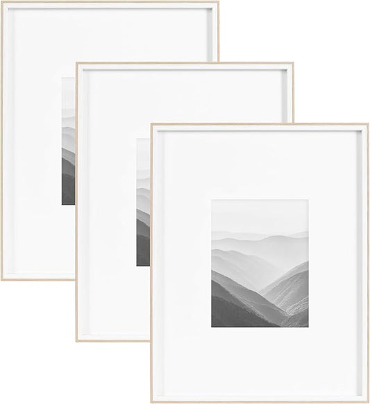 Kate and Laurel Gibson Modern Wall Picture Frame Set of 3; 16x20 matted to 8x10; White and Natural; Modern Three-Piece Frame Set for Gallery Wall Frame Set in Living Room Wall Decor