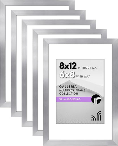Americanflat 8x12 Picture Frame with Polished Plexiglass - Set of 5 - Use as 6x8 Frame with Mat or Display 8x12 Photo Without Mat - Galleria Collection - Picture Frames for Wall Display - Silver