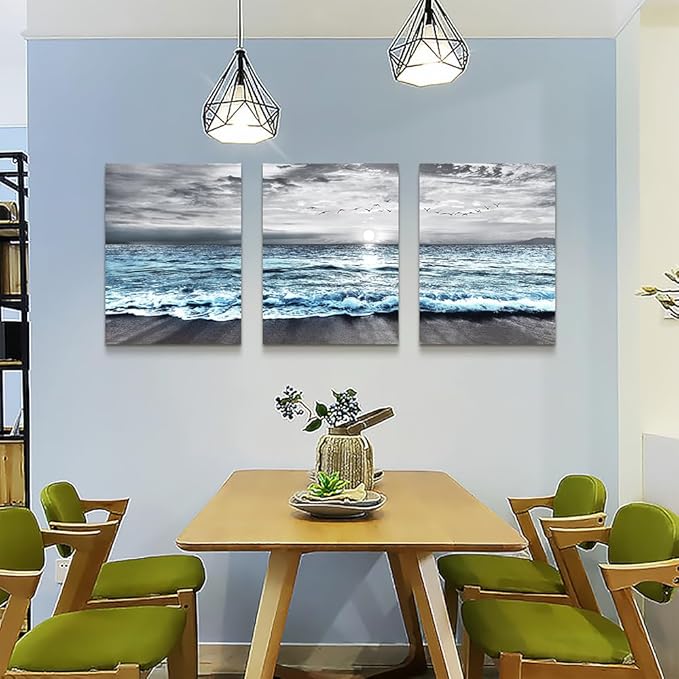 Lapremoly Canvas Wall Art For Living Room & Bedroom - Black And White Beach Scenery - 3 Piece 16x24 in