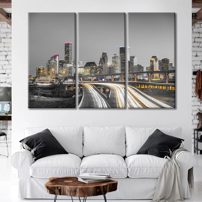 TUMOVO 3 Panel Houston Skyline Office Decor American Cityscape Pictures Black and White Wall Art Nighttime Skyscrapers Lightscape Artwork Posters and Prints Framed Ready to Hang (60" Wx40 H)