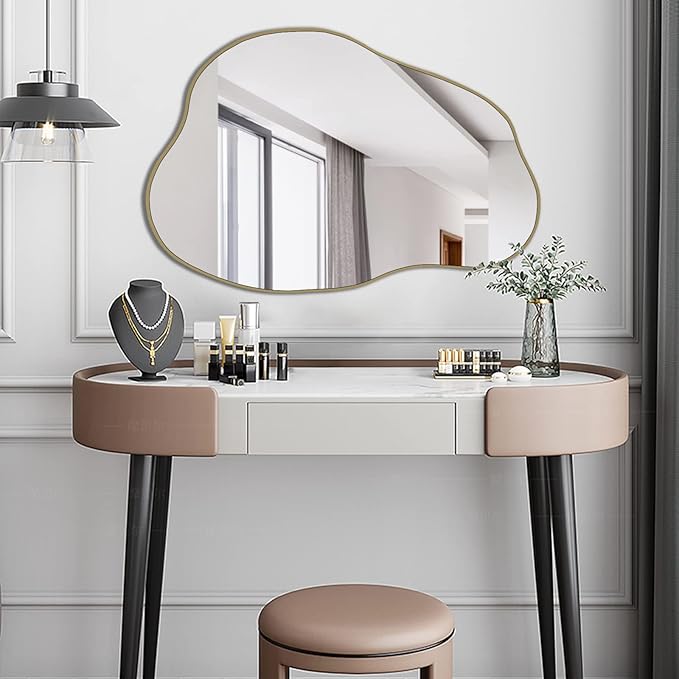 POZINO Gold Irregular Mirror, 30"x20.5" Cloud Shaped Mirrors, Asymmetrical Wall Mirror, Modern Abstract Frameless Mirrors for Living Room Bathroom Bedroom Entryway, Hangs Vertically or Horizontally