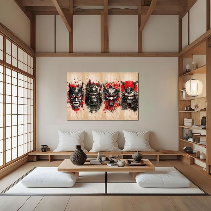 Japanese Samurai Wall Decor Bushido Wall Art Red and Black Canvas Pictures for Japan Theme Restaurant Tavern Hotels Bedroom Living Room Office Bathroom Asian Artwork Prints Framed