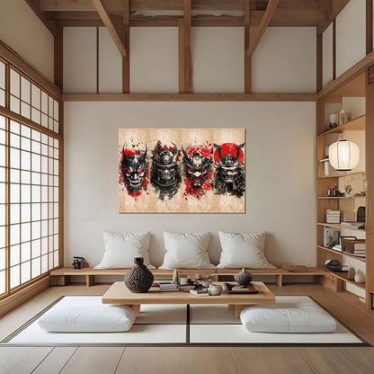 Japanese Samurai Wall Decor Bushido Wall Art Red and Black Canvas Pictures for Japan Theme Restaurant Tavern Hotels Bedroom Living Room Office Bathroom Asian Artwork Prints Framed