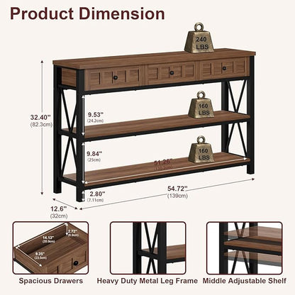 FATORRI Console Table for Entryway, Farmhouse Sofa Table with 3 Drawers for Living Room, Wood and Metal Hallway Tables with Storage and Couch Tables Behind Sofa (54.72 Inch Long, Medium Walnut)
