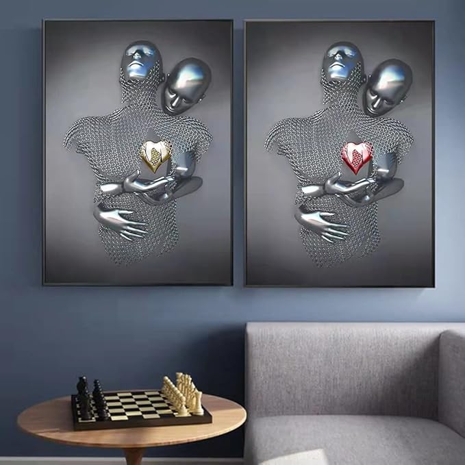 3D Wall Art Decor Artwork Figure Statue Modern Art Canvas Painting,Large Wall Art for Bathroom Bedroom Decoration (Hug Face to Face)
