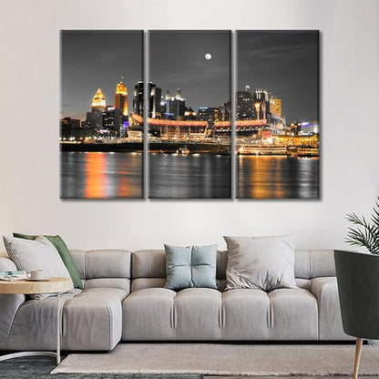 Cincinnati Ohio City Skyline Modern Home Decor American Cityscape Pictures Wall Art for Bedroom, Living Room, Office. 3 Panels Skyscrapers House Decor Ready to Hang (60" Wx40 H)