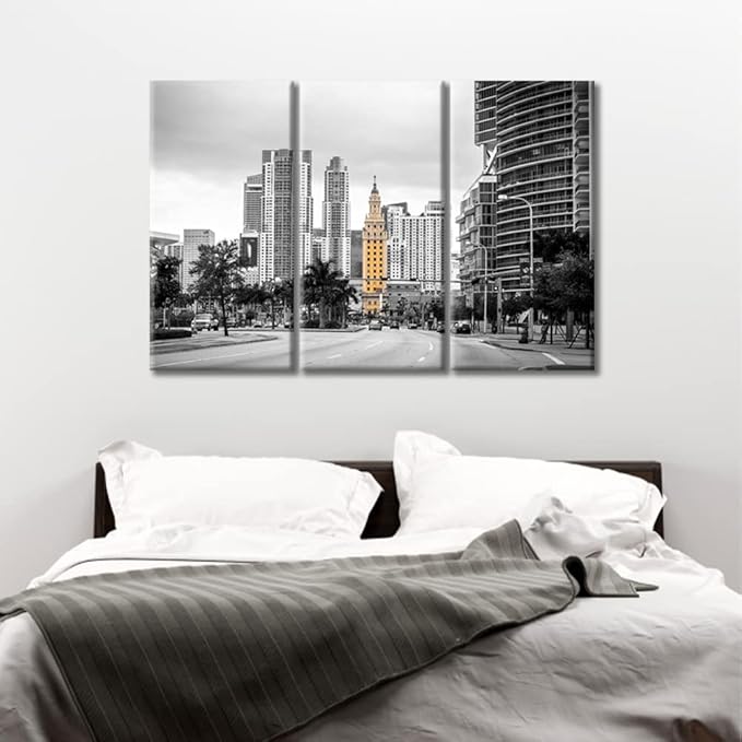 TUMOVO Miami Cityscape Wall Decor 3 Piece City Skyscrapers Skyline Pictures Wall Decor Living Room American Cityscape Modern Artwork Print on Canvas Ready to Hang (36" Wx24 H)