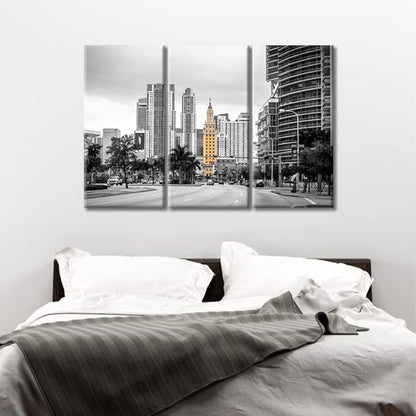 TUMOVO Miami Cityscape Wall Decor 3 Piece City Skyscrapers Skyline Pictures Wall Decor Living Room American Cityscape Modern Artwork Print on Canvas Ready to Hang (36" Wx24 H)