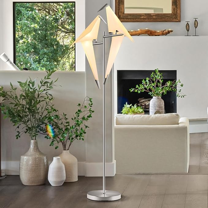69" Modern Origami Crane Bird Floor Lamp, Sliver Metal Paper Crane LED Standing Light Origami Swing Bird PP Lampshade Lighting Fixtures for Bedroom Dinning Room