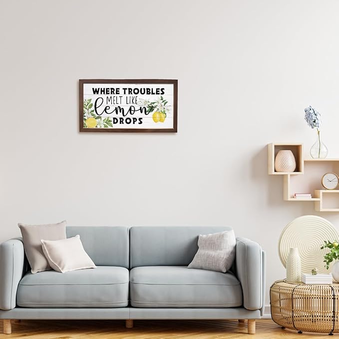 Lemon Decor Sign, Summer Home Decors, Kitchen Wall Art, Decorative Wooden Wall Plaque, Rustic Framed Wood Hanging Signs, Where Troubles Melt Like Lemon Drops Sign 15×7.5×0.3 inches