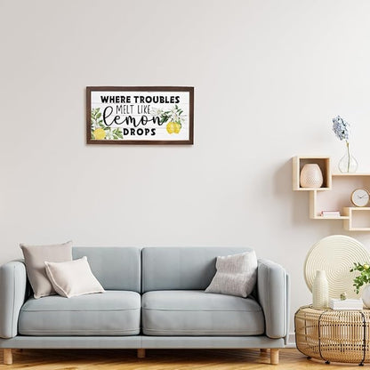 Lemon Decor Sign, Summer Home Decors, Kitchen Wall Art, Decorative Wooden Wall Plaque, Rustic Framed Wood Hanging Signs, Where Troubles Melt Like Lemon Drops Sign 15×7.5×0.3 inches