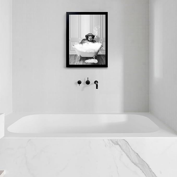 Monkey in Tub - Black and White Animals Wall Art - Framed Canvas Wall Art, Black Framed Picture for Bathroom Wall Decor, Chic Animal Art for Kid Room Wall