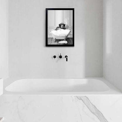 Monkey in Tub - Black and White Animals Wall Art - Framed Canvas Wall Art, Black Framed Picture for Bathroom Wall Decor, Chic Animal Art for Kid Room Wall