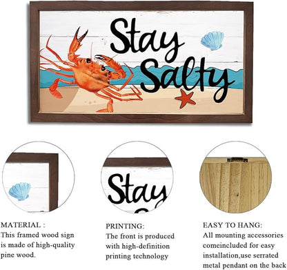 Crab Decor, Coastal Wall Decoration, Decorative Wooden Signs and Plaques, Wood Decorations for Home or Beach House, Seaside Cottage Decors, Wooden Framed Wall Decor, Stay Salty Sign 15×7.5×0.3 inches