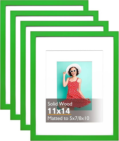 KINLINK 11x14 Picture Frame Grass Green, Solid Wood Frames with Acrylic Plexiglass for Pictures 5x7/8x10 with Mat or 11x14 without Mat, Tabletop and Wall Mounting Display, 4 Pack